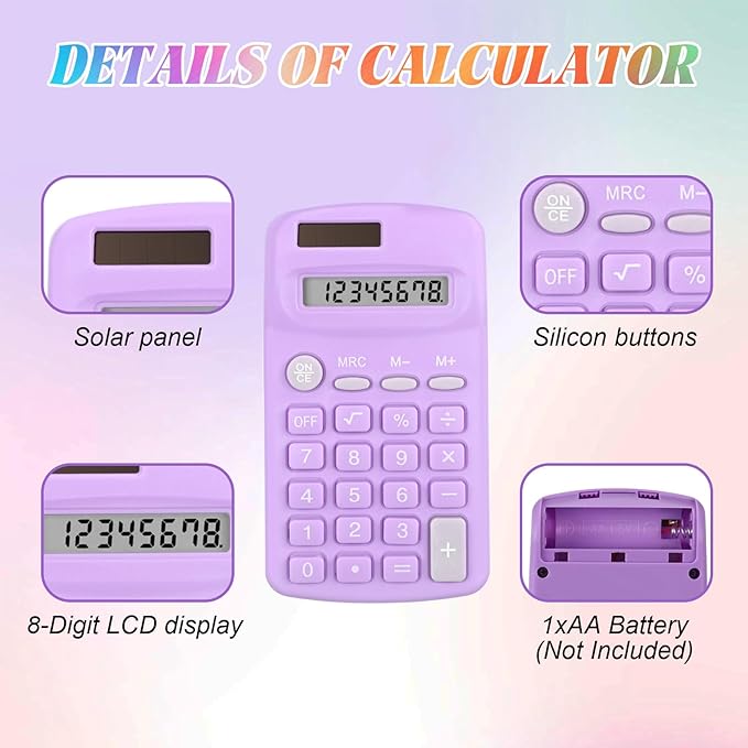 Tellegloww 48 Pcs Pocket Size Basic Calculators Bulk for Classroom Solar Battery Dual Power Display Calculator 8 Digit Colored Basic Calculator for Kids Student School Office