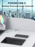 Recessed Power Grommet 3 inch With 65W USB C Ports 2 AC Outlets,Recessed Outlet Fast Charging Station,Desk Hole Grommet Outlets,Round Desktop Power Grommet Outlet for Office,Home (White, 65W USB Port)