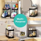 APWNRJA Under Sink Organizers 2 Pack, Pull-Out Sliding Cabinet Organizer with 2-Tier Storage Shelf & 4 Hooks, Multi-Purpose for Kitchen & Bathroom (13 Inch, Black)