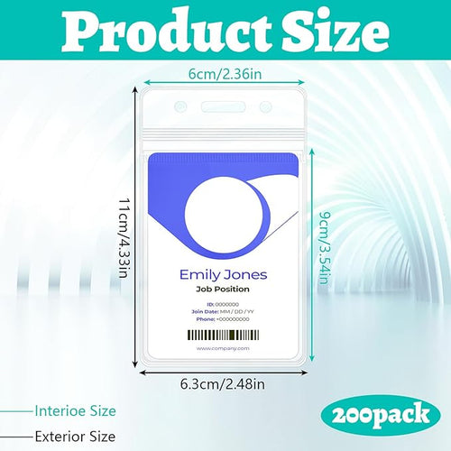 200Pcs Badge Holder Plastic ID Badge Holder Clear Vertical ID Card Holder 2.5" x 4.5" Waterproof Name Badge Holders for ID Card/Credit Card/Student Card