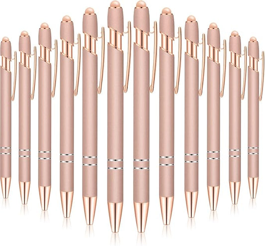 Tenare 12 Pieces 2 in 1 Stylus Metal Ballpoint Pen with Stylus Tip, 1.0 mm Black Ink Ballpoint Pen for Touch Screens(Rose Gold)