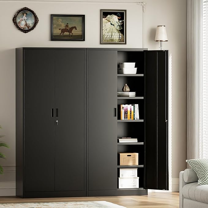 TaskStorz Metal Garage Storage Cabinets,71” Tall Metal File Cabinet with 5 Adjustable Shelves, Lockable Storage Cabinets for Office, Home, Garage, Warehouse 71" H x 32" W x 16" D (Black)