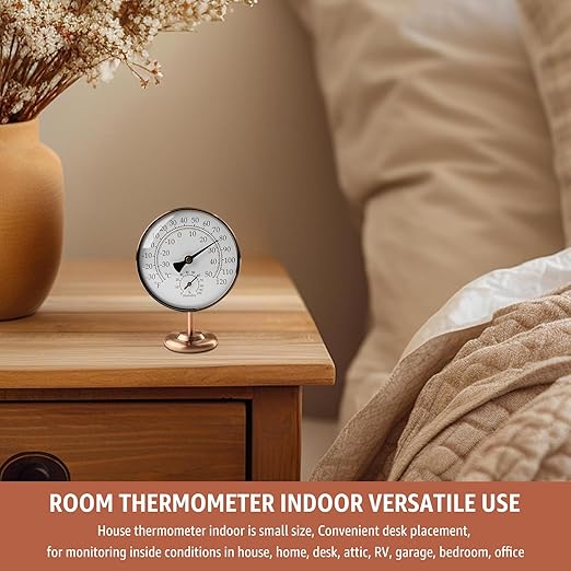 Foxyoo 4-Inch Indoor Thermometer and Humidity Gauge, Room Analog Temperature and Humidity Monitor, Dual Scale Display, Brass Dial with Stand, Battery-Free for House, Home, Desk, Bedroom, Garage, RV