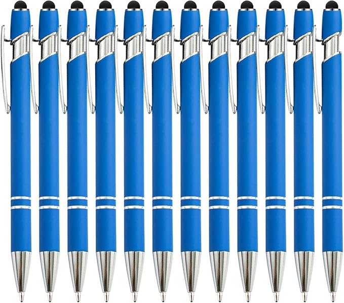 PASISIBICK 12 Pieces Blue Ballpoint Pen with Stylus Tip, 2 in 1 Stylus Stylish Pen, Blue Metal Stylus Pen for Touch Screens, Black Ink, 1.0 mm Medium Point(12 PCS Light Blue)