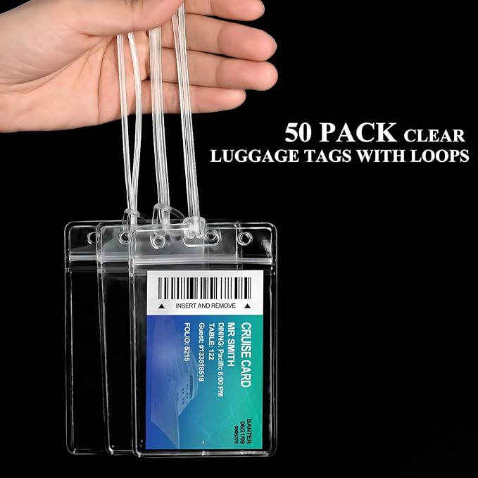 100 Pack Clear Plastic Luggage Bag Tag Holder Badge Label Tag Holder with 100 Pack Luggage Loops Straps for Office Business Travel Supplies