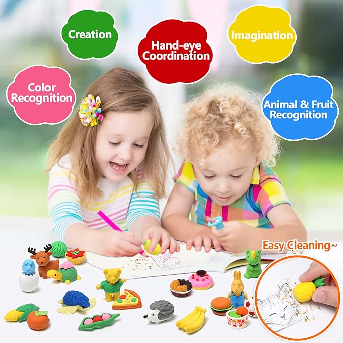 50 Pack Pencil Erasers Animal Eraser for Kids Puzzle Erasers 3D Mini Food Sport Fruit Take Apart Eraser Classroom Rewards Game Prizes Treasure Box Party Favors for Kid Gifts Easter Egg Fillers