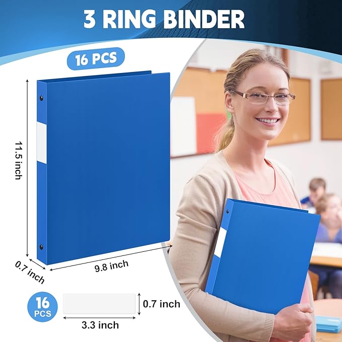 Henoyso 16 Pcs 3 Ring Binder 0.5 Inch Round Fits Letter Size 8.5'' x 11'' Paper Plastic Flexible Binder Bulk Holds 140 Sheets with 1 Pockets Versatile Organizer for Home Office School (Blue)