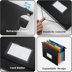 TRANBO 7-Pockets Hanging File Folder with Retractable Hooks for Filing Cabinet, Letter Size Expandable Accordion File Organizer with Elastic Band for File Frame or On-The-Go Use (6 Pack)
