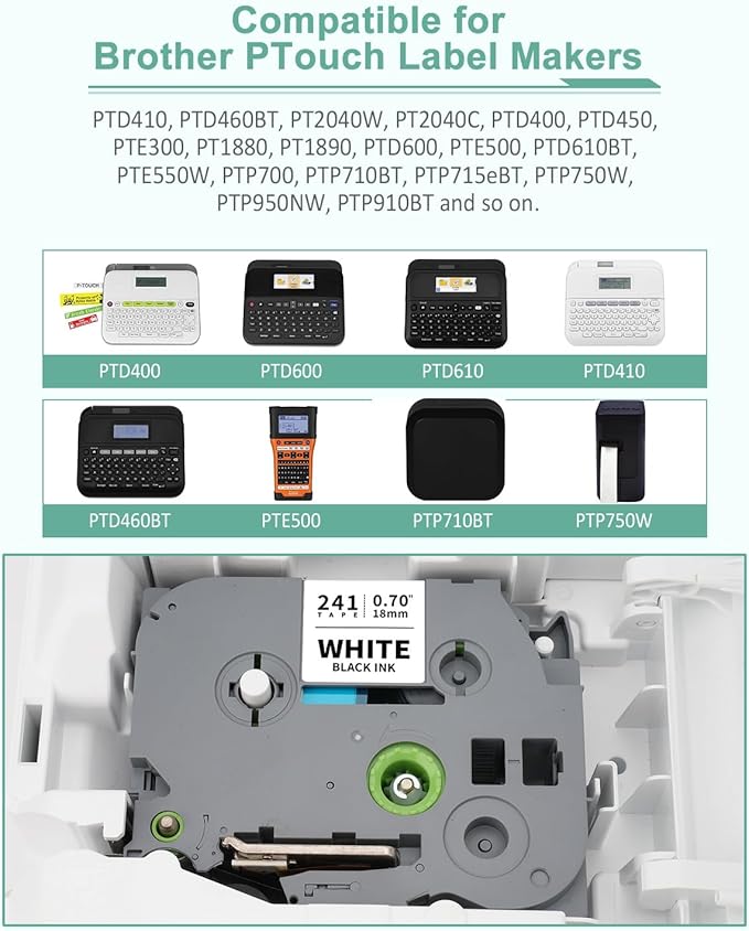 6-Pack 18mm 0.7" Laminated Tape Compatible for Brother P-Touch Label Tape 18mm 0.7 Inch Laminated Colored Tze Tz 3/4" Label for PTD400 PTD610BT PTD410 PTD600, White/Red/Yellow/Blue/Green/Pink