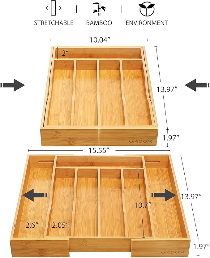 oridom Expandable Bamboo Kitchen Drawer Organizer for Cutlery and Utensils, Adjustable Bamboo Wood Cutlery Tray in Drawer for Flatware and Silverware in Kitchen, (Natural)