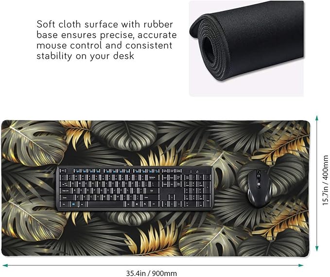 CANFLASHION Gaming Mouse Pad,Large Mouse Pads for Desk,Non-Slip Rubber Base Extended Mousepad,XXL Keyboard Mouse Mat,Stitched Edges Computer Keyboard Desk Pad,35.4x15.8inch,Black Gold Tropical Leaves