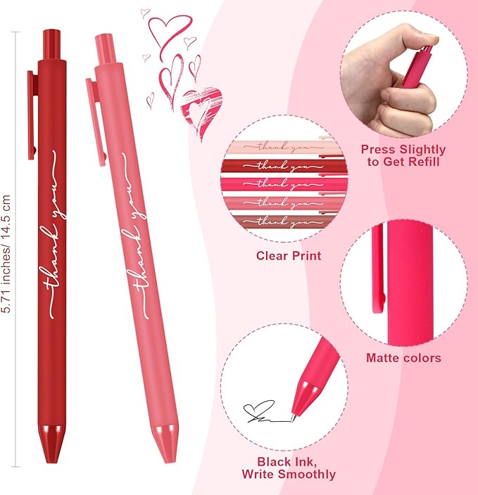 30pcs Thank You Pens Bulk Cute Multicolor Ballpoint Pen for Men Women Server Accessories Employee Holiday Appreciation Gifts for Teacher Office Back to School Party Favor (Valentine Color)