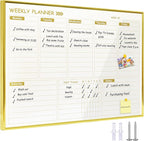 Gold Weekly Dry Erase Board for Wall,12"x16",Small Magnetic Dry Erase Weekly Calendar Board,Gold Metal Frame Weekly Planner Whiteboard for to Do List, Memo, School, Home, Office, Kitchen-GZ