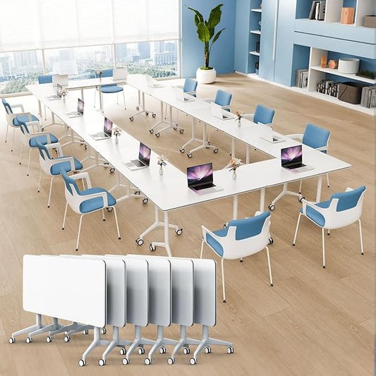 6Pack Folding Conference Room Table, Modern Conference Tables with Silent Wheels, Large Rectangular Mobile Training Tables for Office Classroom, Foldable Modular Seminar Table White (L55.1in)