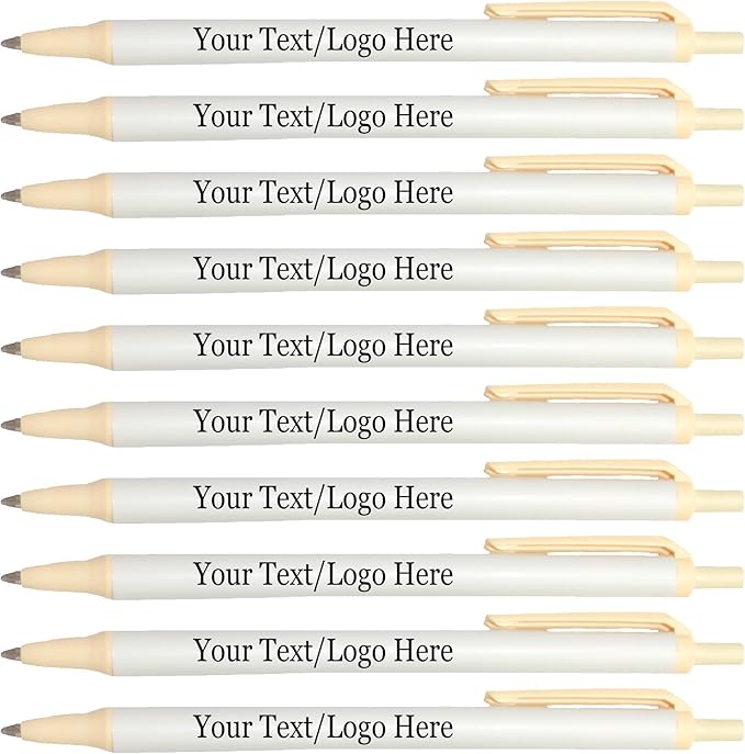 Personalized Click Stick Pens With your Custom Logo or Text-300 Pack Bulk-for Businesses, Parties, and Events, Custom Printed Retractable Slim Ballpoint Pens, Cream, Black Ink