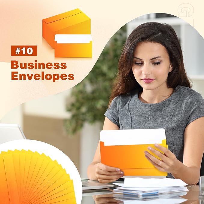 100 Pcs #10 Business Envelopes Colorful Self Adhesive Standard Envelopes Gradient for Office Check Invoices Letters Letterhead Invitations Announcements 4-1/8 x 9-1/2''(Gradient Orange)