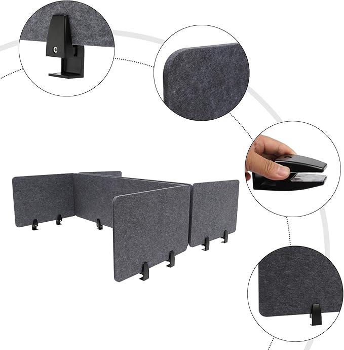 ReFocus Raw Clamp-On Acoustic Desk Divider Mounted Privacy Panel Set – Reduce Noise & Visual Distractions for Office, Study (Anthracite Gray, 2× Long (47.25"×16") + 4× Short (23.6"×16"))