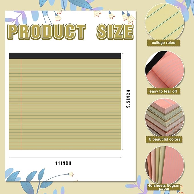 Lincia 6 Pcs 11" x 9.5" Legal Pads College Ruled Notepad Landscape Notebook Horizontal Lined Notebook 80 Gsm Assorted Colors Paper Pastel Writing Pads for School Office, 40 Sheet (Stylish Color)
