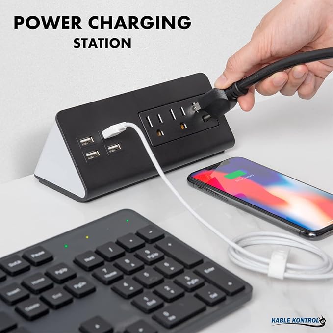 Kable Kontrol Desk Clamp Power Strip with 4 USB-A Ports, Nightstand Charging Station, 3 AC Outlets, Fast Charger, Easy Installation for Home, Offices, Hotels – 4.9 Ft, Black, 5 Pcs