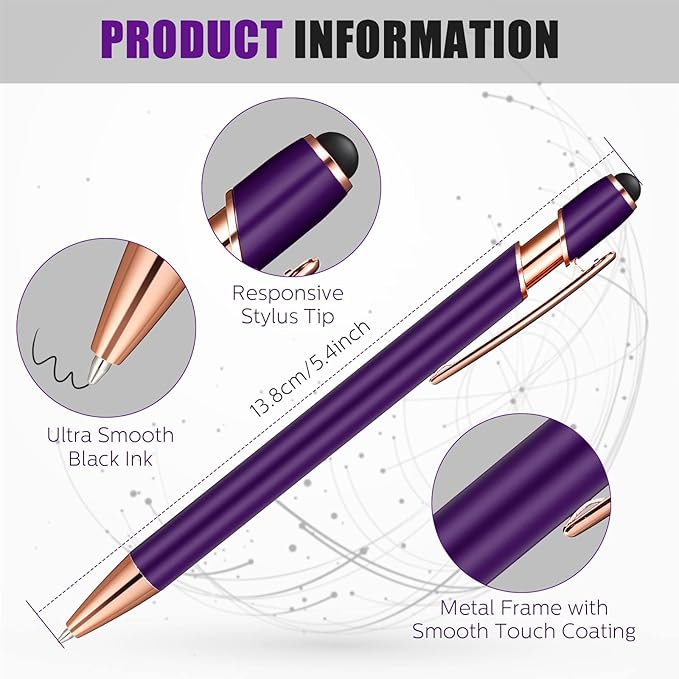 Tenare 12 Pieces 2 in 1 Stylus Metal Ballpoint Pen with Stylus Tip, 1.0 mm Black Ink Ballpoint Pen for Touch Screens(Purple and Rose Gold)