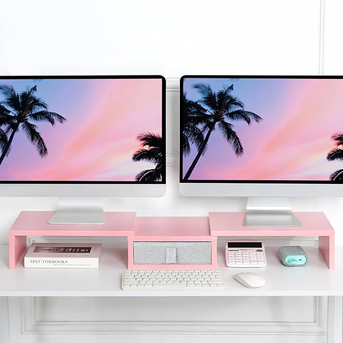 TEAMIX Pink Dual Monitor Stand Riser with Drawer - Length and Angle Adjustable Double Corner Desk Shelf Organizer 37 inch for 2 Laptop/PC/Screen/TV