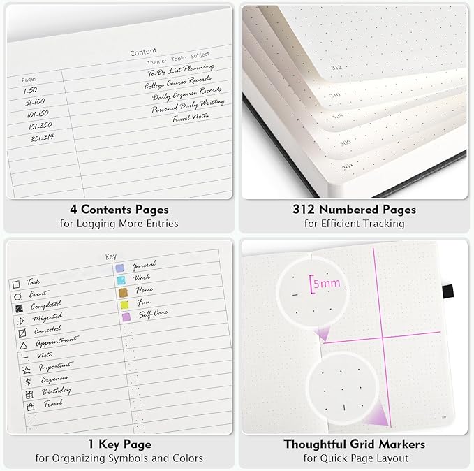 OFFIGIFT Dotted Journal Notebook, 312 Numbered Pages Large B5 Hardcover Leather Notebook, 100gsm No Bleed Paper Dot Grid Notebook with Index Pages, Dot Journal for Women Men, 7.6'' X 10'', Grey Blue