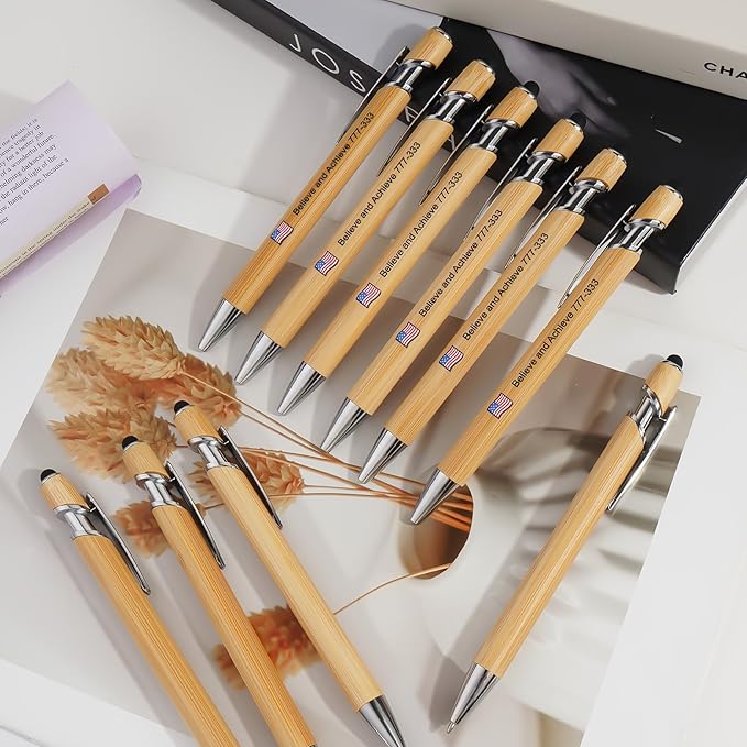 Personalized Pen Customizable Bamboo Pen with Stylus -Customizable Text Logo Name Ballpoint Pens with Black Ink-Personalized Gift Ideas for School Back Day Office Business Home(20 Count/Pack)