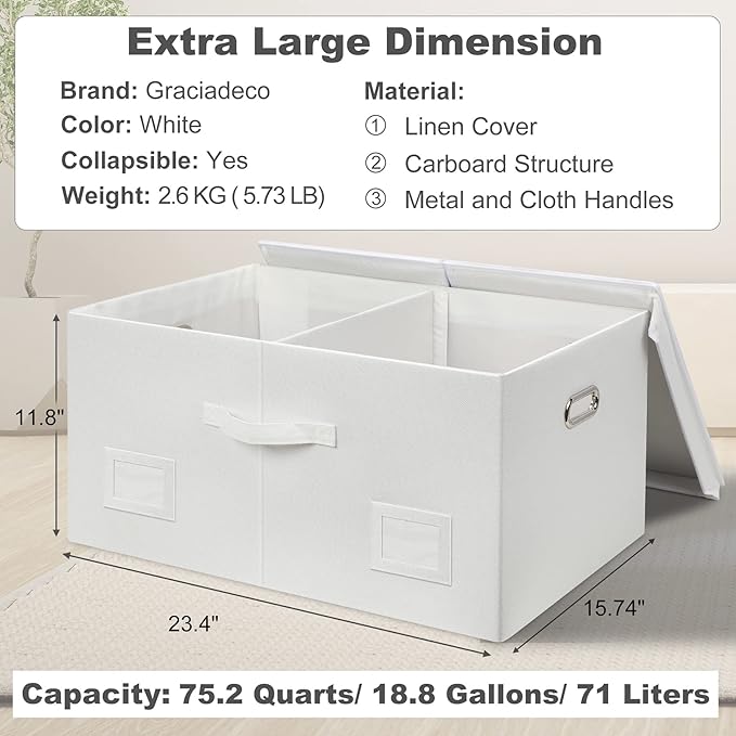75 Quarts Extra Large Decorative Storage Bins with Lids, 3 Packs White Collapsible Storage Bins with Lids, Stackable Storage Bins Decorative Box Storage With Lid Extra Large