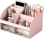 COMFYROOM Desk Organizer with 6 Compartments and 2 Drawers, Plastic Makeup Organizer, Pen Holder for Desktop Storage, Desk Organization for School, Home, Office Supplies (Pink)
