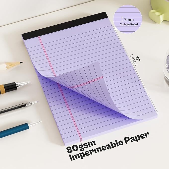 360 Sheets Purple Note Pads 5" x 8" Pack of 12 Small Legal Pads College Ruled Lined Paper with Micro-Perforated Writing Notebook 30 Sheets per Pad Small Notepad for School, Office & Home Supplies