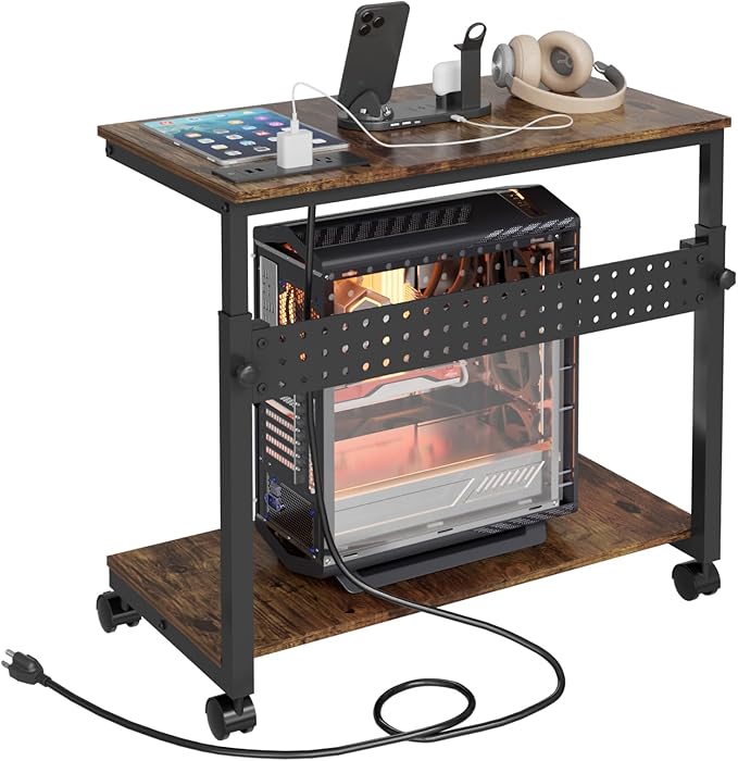 NEYCIL Computer Tower Stand with Charging Station, Height Adjustable 2-Tier CPU Stand with Power Strip and USB Ports, PC Tower Cart with Wheels and Printer Shelf, Rustic Brown and Black