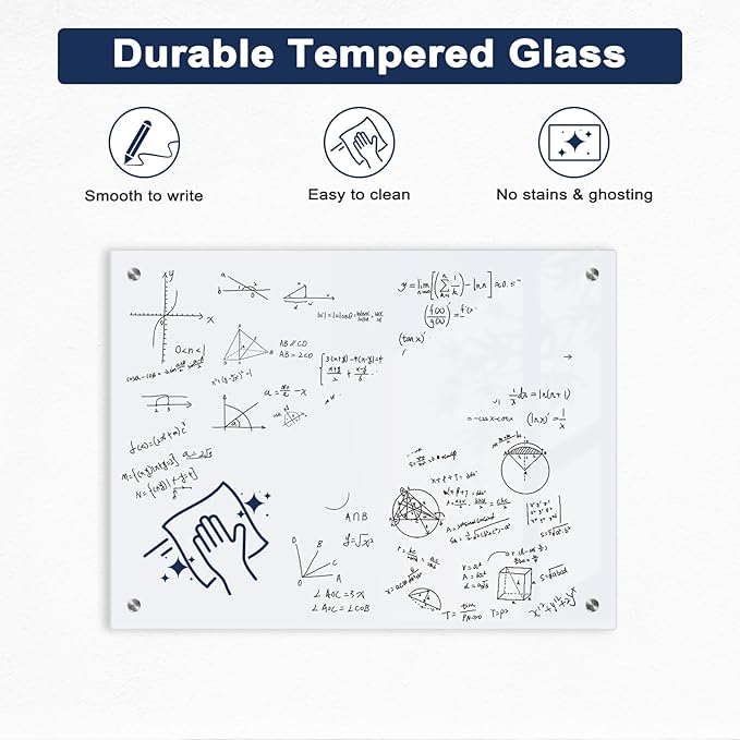 Magnetic Glass Whiteboard, 36" x 24" Glass Dry Erase Board for Wall, Large Frameless White Board with 1 Marker Tray and 3 Magnets for Office, Home, Classroom - Ultra White