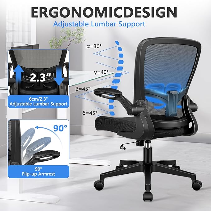 Desk Chairs with Wheels, Ergonomic Mesh Office Chair Adjustable Height and Swivel Lumbar Support Home Office Chair with Flip Up Armrests (1PK)
