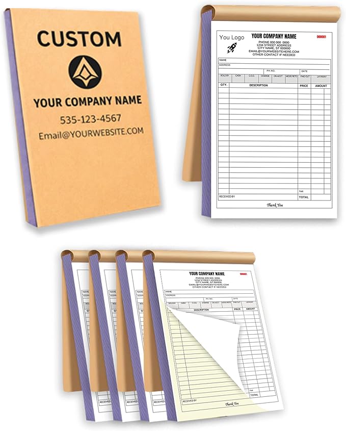 Custom Carbonless Invoice Book with Logo, Personalized Cover & Inner Pages, 2 Part NCR Receipt & Work Order Forms, Easy Tear, Writing Shield for Small Business (2-part [White/Yellow], 10.24*7.48INCH)