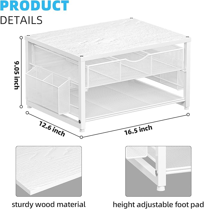 Marbrasse Wood Printer Stand for Desk, 2-Tier Desktop Printer Table for Home Office, Printer Stand with Storage Drawer 2 Pen Holders, Multi-Purpose Desk Organizer for Fax Machine Scanner(Wood White)