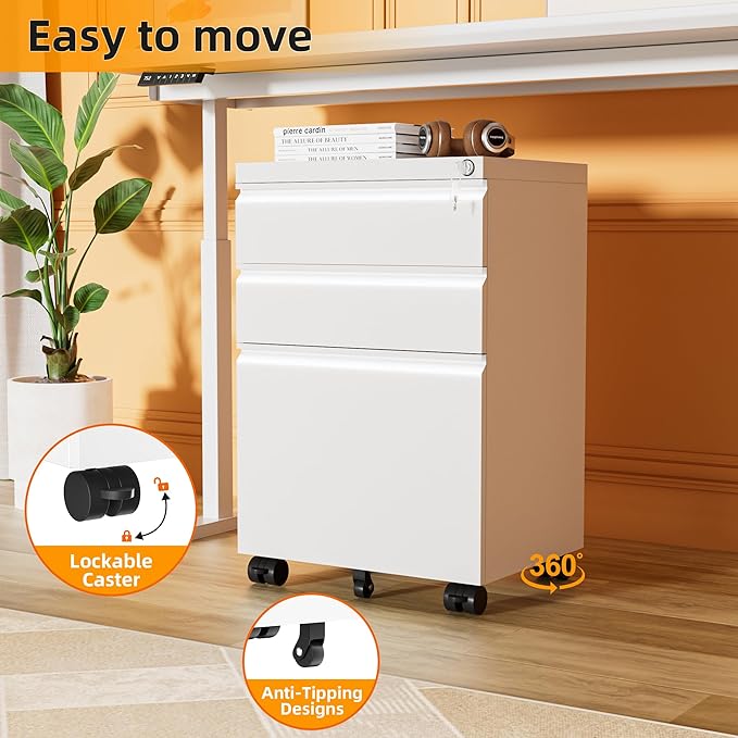 INTERGREAT 3 Drawer Filing Cabinet with Lock, White Mobile File Cabinet with Wheels, Rolling Small Metal Cabinets Under Desk for Home Office, Assembled