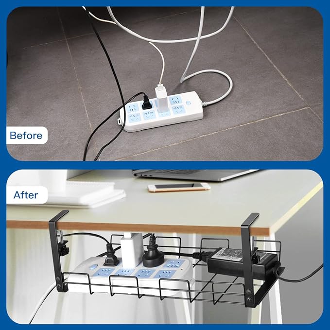 NoDrill 2 Pack 15.7" Under Desk Cable Management Tray, Sturdy Metal Cord Organizer for Office & Home Standing Desk