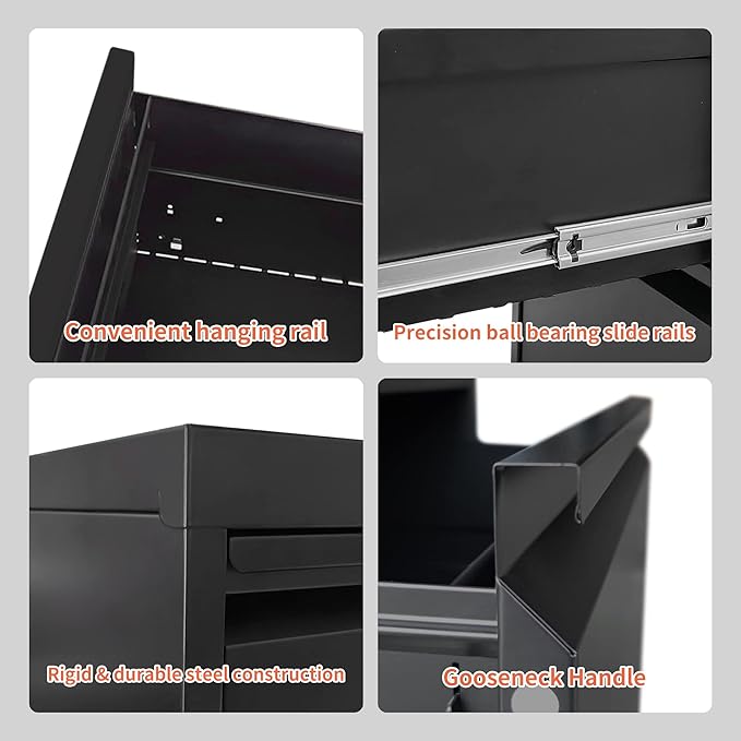 IKIMI 4 Drawer Locking File Cabinet with Wheels,Black Metal Mobile Filing Cabinets,Vertical File Cabinet for Home Office,Rolling Storage Cabinet for A4/Letter/Legal Size File,Assembly Required