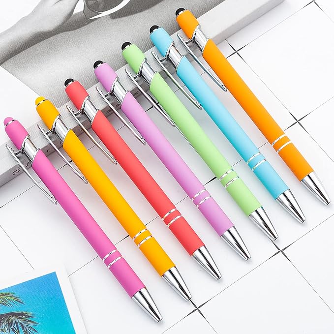PASISIBICK 8 Pieces Ballpoint Pens 2-in-1 Stylus Retractable Metal Stylus Pen for Touch Screens with Stylus tip, 1.0 mm Black Ink (8 Pastel Colors)