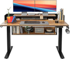 FEZIBO 55" Electric Standing Desk with Shelves, 55 x 24 Inch Sit Stand Rising Desk with Monitor Stand and Storage, Ergonomic Home Office Computer Desk, Rustic Brown