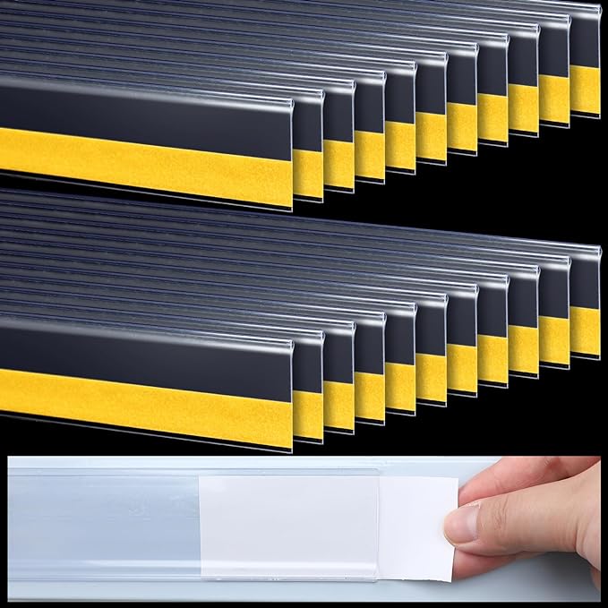 Fainne 50 Pcs Shelf Label Strips 1.5''H x 48''L Self Adhesive Shelf Label Holder Gondola Price Tag Stick on Plastic Clear Ticket Channel for Metal Wood Plastic Rack