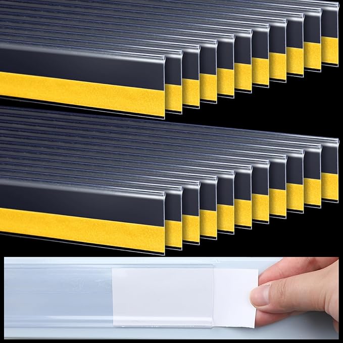 Fainne 50 Pcs Shelf Label Strips 1.25''H x 48 L Self Adhesive Shelf Label Holder Gondola Price Tag Stick on Plastic Clear Ticket Channel for Metal Wood Plastic Rack