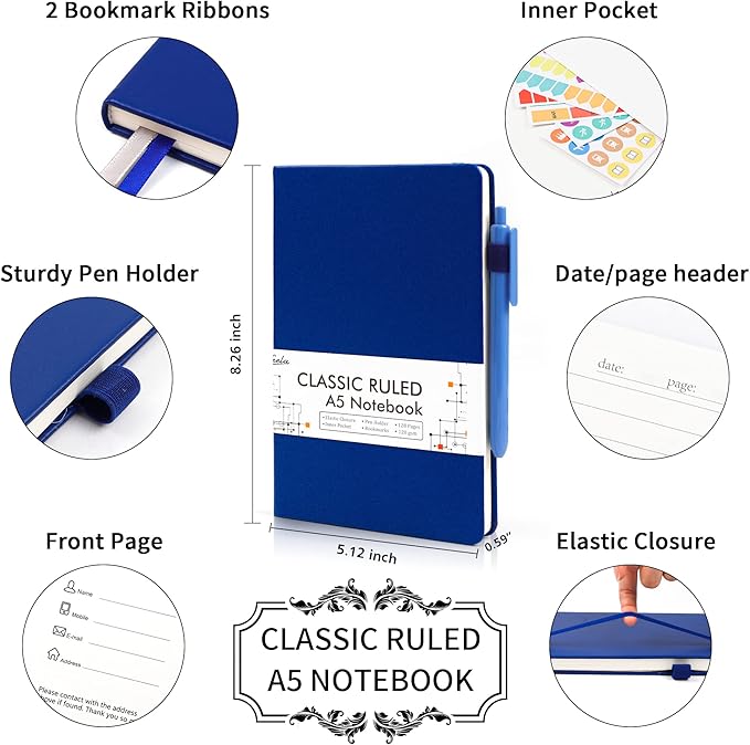 12 Pack Notebooks Journals Bulk with 12 Black Pens, Feela A5 Hardcover Notebook Classic Ruled Journal Set with Pen Holder for School Business Work Travel Writing, 120 GSM, 5.1”x8.3”, Navy