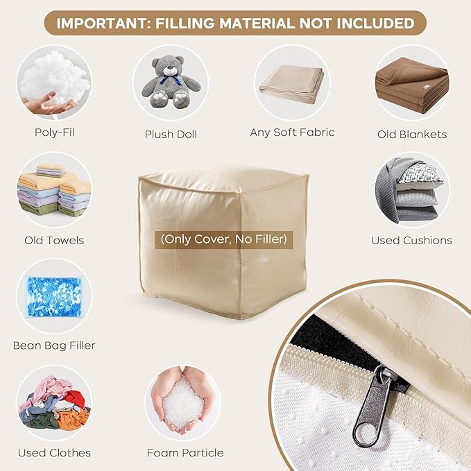 17.7" Square Unstuffed Pouf Ottoman Cover, Pu Leather Poufs Cube Foot Stool Poofy Ottomans Footrest, Decorative Casual Footstool for Living Room, Perfect to Rest Your Feet, Only Cover No Filler, Beige
