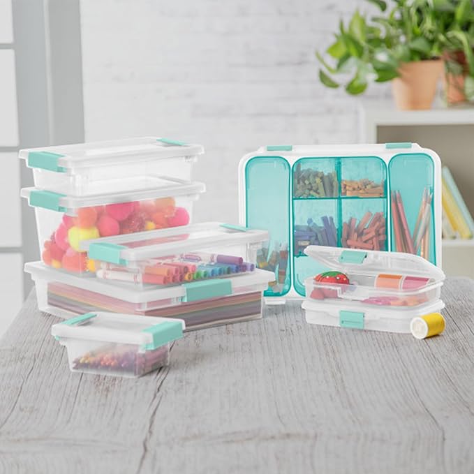 Sterilite 6-Pack Clip Box, Stackable Clear Plastic Bins with Latching Lids, Small - Writing, Arts or Crafts Supplies Storage Containers for Home, Office, Classroom and Workshop Organization