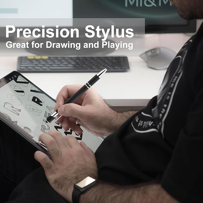 LINFANC 12 Pack Black Silver Ballpoint Pen with Stylus Tip, 1.0 mm Black Ink Smooth Writing Pens, Metal Stylus Pens for Touch Screens