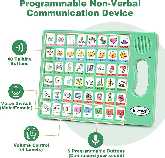 Joyreal AAC Device for Autism, Non Verbal Communication Tools for Speech Therapy & Stroke Rehab. Autism Communication Board with 5 Programmable Buttons & Adjustable Volume, Autistic Kids Must Haves