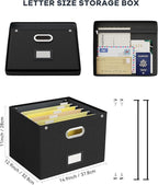 2 Pack File Organizer Box with Lid, Large Hanging Filing Box with Mesh Pocket, Document Organizer for Letter Files, Portable Storage Case for Office&Home (Black)