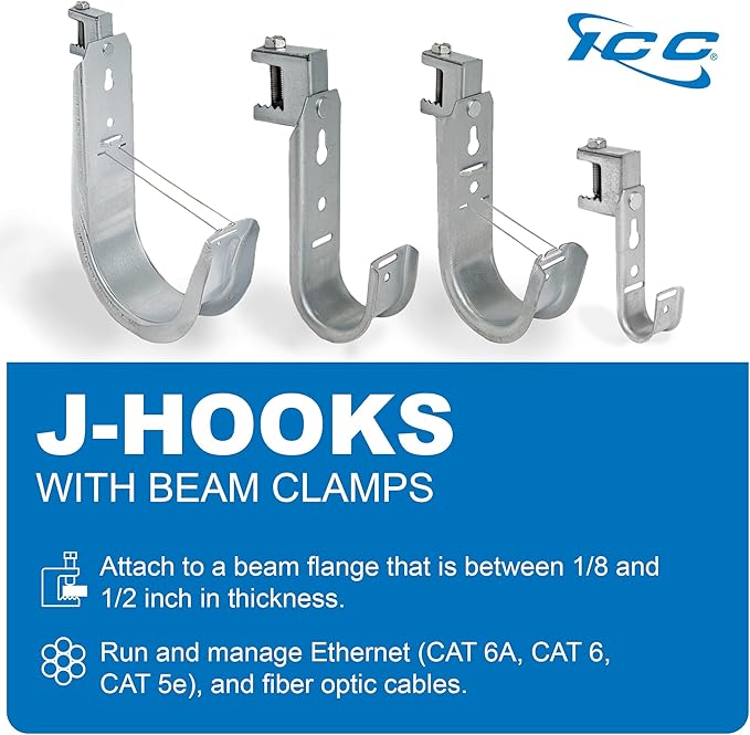 ICC Beam Clamp J Hook 2” with Retainer Clip - Galvanized Steel Cable Management Hooks for Hanging Cable to Beams - Rust-Resistant, EIA and TIA Compliant - 2 Inch 25 Pack