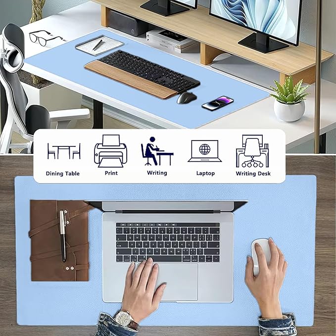 PU Leather Desk Pad Protector Gaming Mouse Pad Non Slip Desk Mat for Keyboard and Mouse Waterproof Desk Writing Pad for Office and Home Desk Accessories（Blue, 23.6 * 11.8